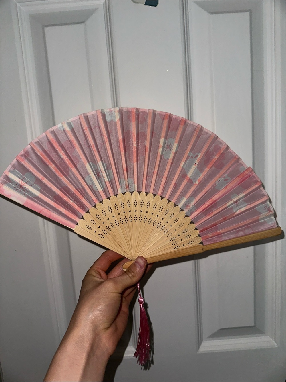 Pink Floral Foldable Hand Fan - Bamboo Frame